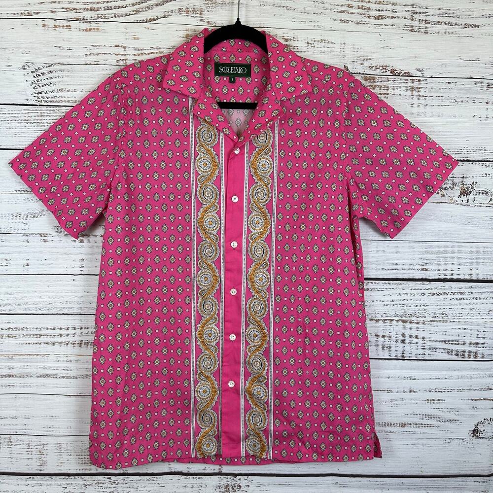 Mens Souleiado Pink Paisley Short Sleeve Button Up Shirt Bold Cotton Size 1 SM